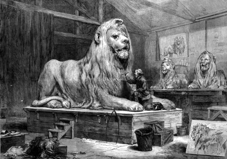 Sir Edwin Landseer modelling the lions for Trafalgar-square, 1873. Creator: Unknown.