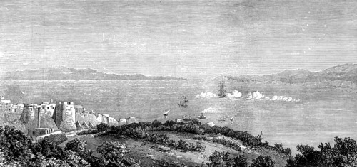 Tangier Bay, Morocco: H.M.S. Aurora firing a salute in honour of the new emperor, 1873. Creator: Unknown.