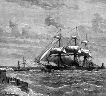 A ship on fire in Kingstown Harbour, 1873. Creator: Unknown.