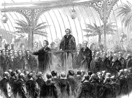 Mr. Disraeli delivering his installation address as Lord Rector of Glasgow University, 1873. Creator: Unknown.