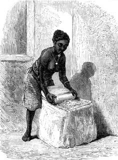 The Gold Coast and Ashantee War: woman grinding corn at Accra, 1873. Creator: Unknown.
