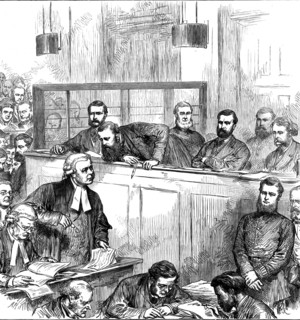 Trial of the bank forgers at the Old Bailey, 1873. Creator: Unknown.