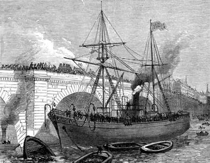 A ship running foul of London Bridge, 1873. Creator: Unknown.
