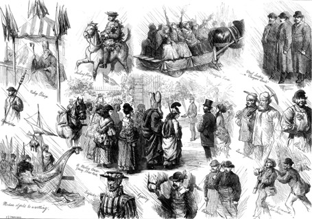 Opening of the new townhall at Bradford: sketches in the streets, 1873. Creator: Charles Joseph Staniland.