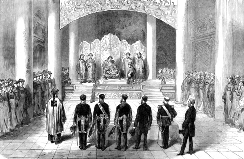 Reception of the foreign ministers and consuls by the Emperor of China at Pekin, 1873. Creator: Unknown.