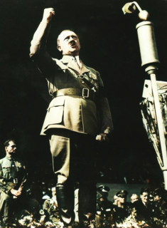 Adolf Hitler addressing a Nazi rally at Nuremberg, Germany, 1930s. The Nazi Party held annual