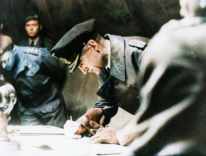 Rear-Admiral Gerhard Wagner signing the German surrender document ending World War II, 1945.