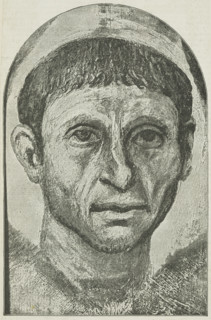 An Egyptian portrait on display at the Egyptian Hall, Piccadilly, 1888. Depiction of funerary