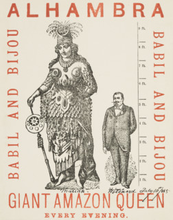 Giant Amazon Queen performing at the Alhambra, 1885. Advertisement for Marian Holland, who