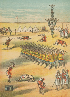 Desert scene with acrobats, soldiers, camels and tents, 19th century.
