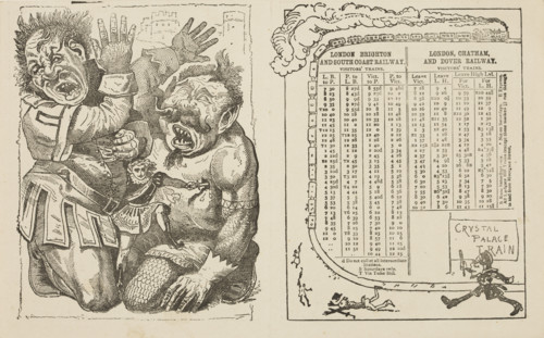 Train timetable and scene from the Crystal Palace pantomime, mid-late19th century. Poster or flier
