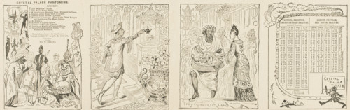 Train timetable and scenes from the Crystal Palace pantomime, mid-late19th century. 'The whole