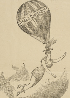 Mademoiselle Stena, balloon performances at the Canterbury Theatre, 1886. Woman hanging from a