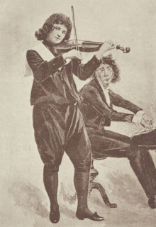 Musicians in "The Little Genius" at the Avenue Theatre, 1896. Illustrated flier advertising a