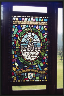 A stained glass window commemorating Lawrence Edward Grace Oates in The Oates Memorial Museum at