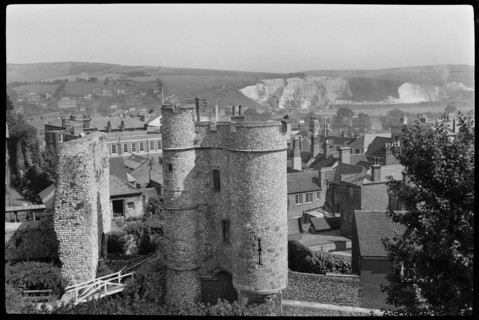 A view looking east from the keep of Lewes Castle towards the Barbican and inner gatehouse, East
