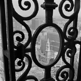 View through the decorative iron railings of the Golden Gallery at St Paul's Cathedral, looking