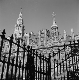 View over cast iron railings towards the front of the Imperial Hotel, designed by Fitzroy Doll in
