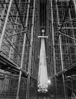 A nave column being hoisted into position during the construction of Coventry Cathedral, 1959.