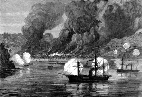 The War on the Gold Coast: bombardment and burning of Bootry by H.M.S. Argus and decoy, Oct. 28,