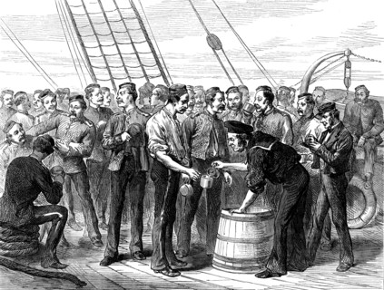 Life on board a troop-ship: serving out grog, 1873. 'Major W. O. Carlile's sketches of life on