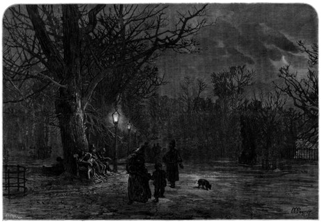 Moving On: a sketch in St. James's Park by L. Wagner, 1873. 'As we sit by the warm fireside...we do