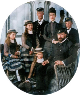 The Prince and Princess of Wales with their family on board the royal yacht, 19th century (1910).