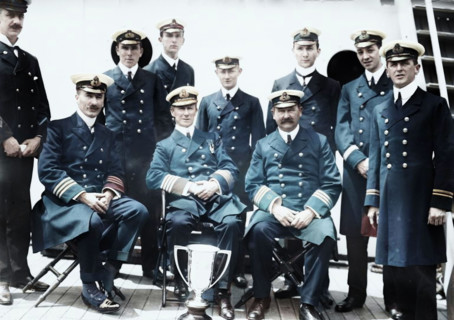 Captain Rostron & under officers of Carpathia [ship], 1912. Shows Captain Arthur Henry Rostron next