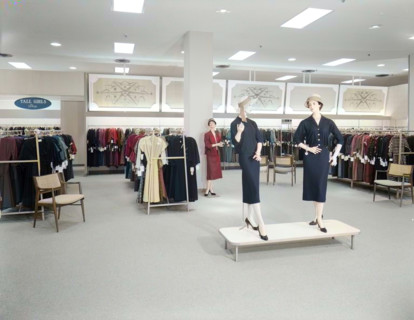 Filene's, business in North Shore Shopping Center, Peabody, Massachusetts, 1957. (Colorised black