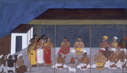 One of the ceremonies undertaken during the life of a Brahmin, 1820. A group of people sit