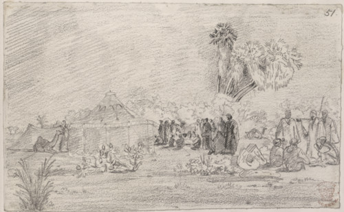 Tribesmen and tent. A group of men, possibly Arabs, at an encampment with a camel tethered near the