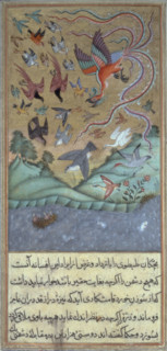 The simurgh leading an army of birds, c1610. The sandpipers sit on their nest on the water while