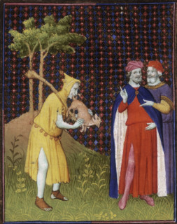 The fool of Strutt putting the tail of a small animal in his mouth, 15th century. The fool wears a