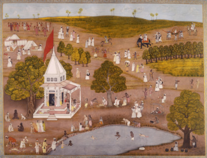 Indian landscape with people swimming near a temple, c1760. In the foreground people wash in the
