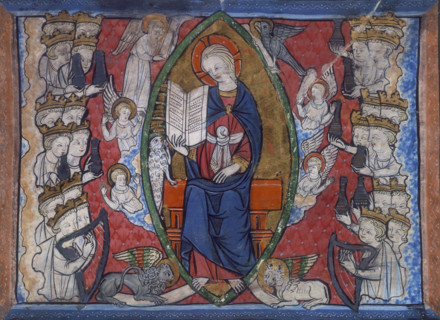 A seated woman surrounded by angels, 14th century. Either side crowned heads present her with