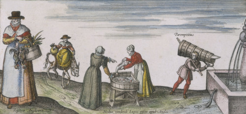 Women gutting fish, 1598. On the left is a woman with a pair of chickens and a basket of fruit; she