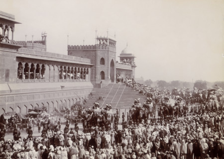 State entry into Delhi, India, 1902. An elephant procession of the Viceroy's staff in front of the