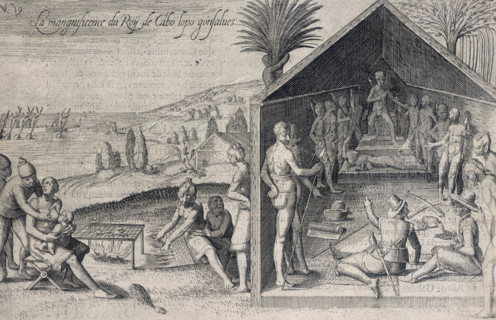 Two Europeans at an audience with a king, 1605. 'La mangnificence [sic] du Roy de Cabo Iopo