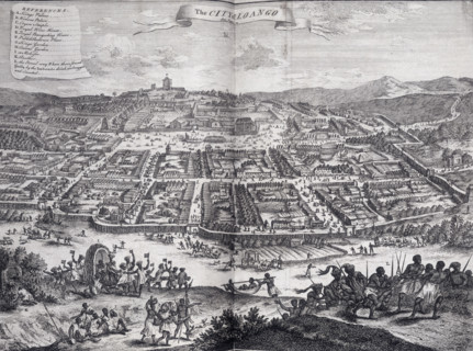 The city of Loango, Africa, 1745. 'A. Kings Palace; B. Womens Palace; C. Cryers Steeple; D. Royal