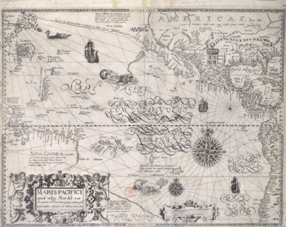 Map of the Pacific Ocean, 1600. Showing the tropics of Cancer and Capricorn; China; Japan; New