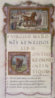 The wooden horse entering the gates of Troy, 1490. Men are pulling the horse through the city gates