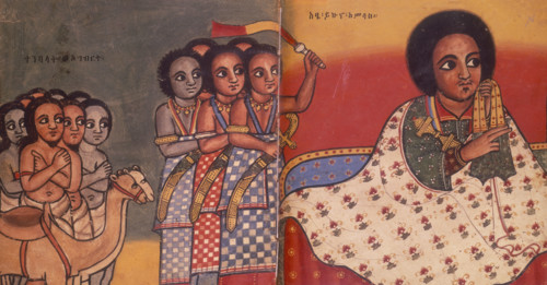 The Emperor Yekuno Amlac of Ethiopia with slaves and Muslim ambassadors, after 1270.