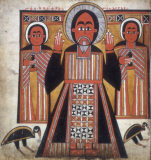 Three figures, two with swords. From the Gospels.