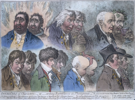 'Doublures of characters; or striking resemblances in phisiognomy', 1798. Seven double portraits of