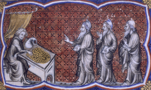 A scene from the Bible Historiale, 1357. A man counts a pile of money on a table, a money bag next