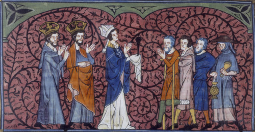 A Bishop and clergy greeting beggars and pilgrims, c1325-c1350. The first beggar is on crutches,