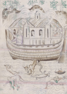 Noah's ark, c1300-c1325. Noah on the left hand side of the ark is releasing the birds to find out