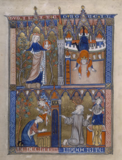 Four scenes from "La Somme le Roy", c1290-c1299. In the top left a crowned woman stands in a garden
