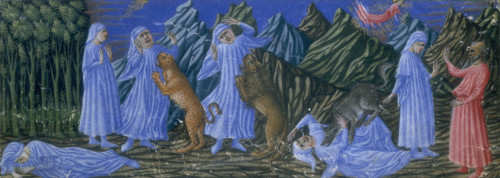Inferno, Canto I, 1442-1450. Dante asleep in front of the dark wood; Dante looks at the rays of the