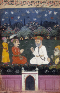 Baba Nanak (Guru Nanak) and Mardana with musical instrument and King Shivanabh with attendant, 1733